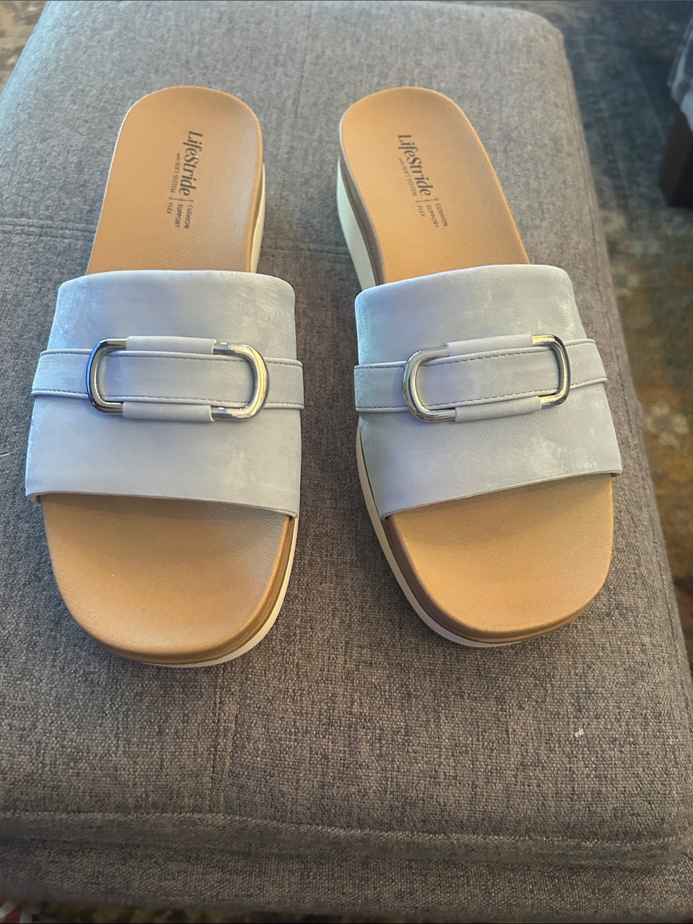 Life Stride Pale Blue Slide Sandals with Silver Accent Buckle